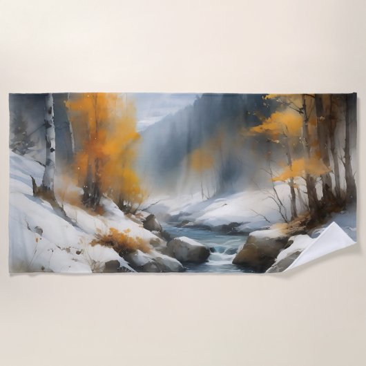 Serene besneeuwde winter rivier landschap schilder strandlaken (Voorkant)