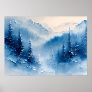 Serene Bevroren Dennen en Bergmist – Getextureerd Poster