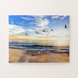 Serene Birds Blue Sky Golden Ocean Sunrise Puzzle Legpuzzel