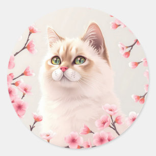 Serene Birman Kattenportret Met Kersenbloesems Ronde Sticker
