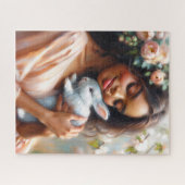 Serene Black Woman With Rabbit Floral Art Puzzle Legpuzzel (Horizontaal)