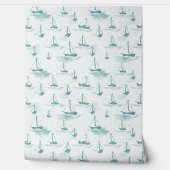 Serene blauw groen kleine zeilboten patroon behang (Afrollen)