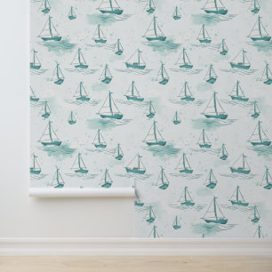 Serene blauw groen zeilboten patroon behang