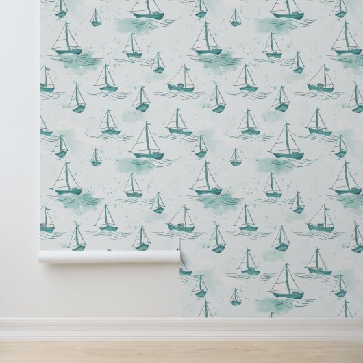 Serene blauw groen zeilboten patroon behang (Applicatie)