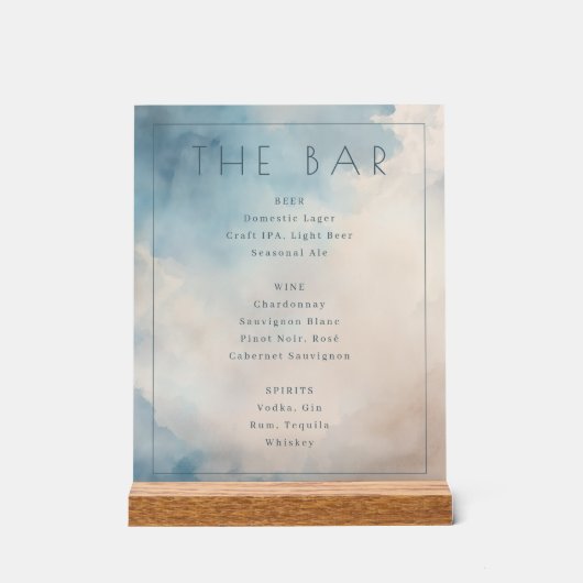 Serene Blauwe Aquarel Bar Menu Acryl Bord (Voorkant)