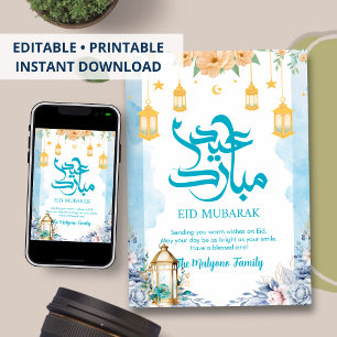 Serene Blauwe Aquarel Bloemen Eid Mubarak Kaart