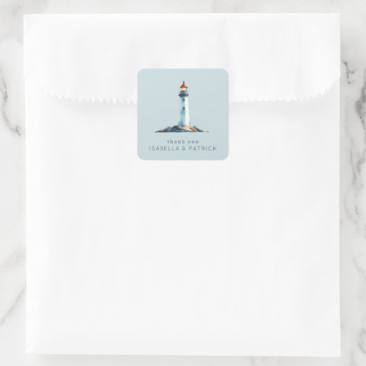 Serene Blauwe Aquarel Vuurtoren Vierkante Sticker (Tas)