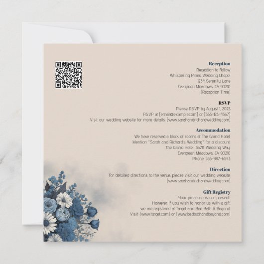 Serene blauwe bloem met elegante beige achtergrond kaart (Achterkant)