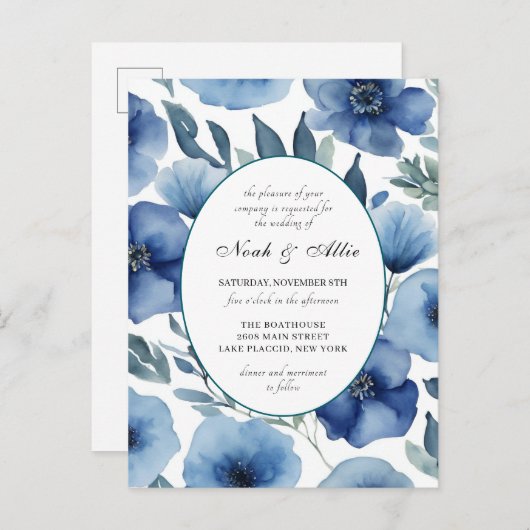Serene Blauwe Bloemen Huwelijksuitnodigingen Uitnodiging Briefkaart (Voorkant / Achterkant)