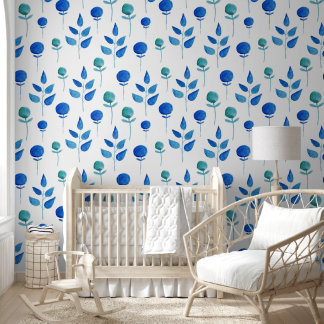 SERENE Blauwe Buds en Groene bladeren Waterverf Behang