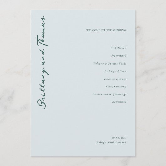 Serene Blauwe Huwelijksplechtigheidsprogramma Programmakaart (Voorkant)