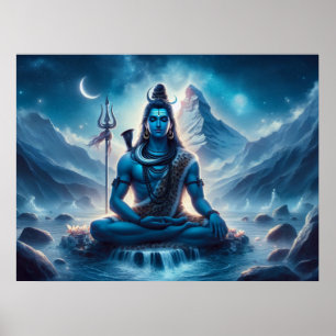 Serene Blauwe Kosmische Kunstwerk Heer Shiva-medit Poster