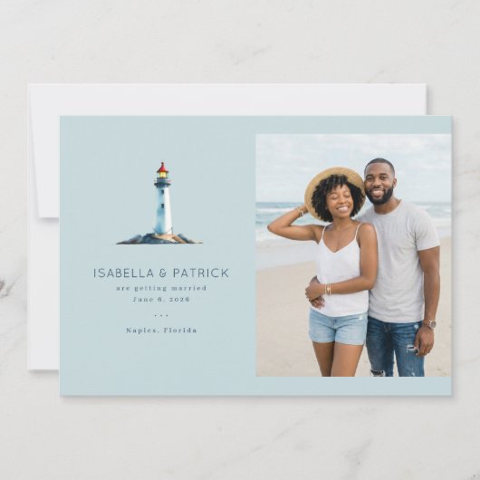 Serene Blauwe Vuurtoren Strand Save The Date (Voorkant)