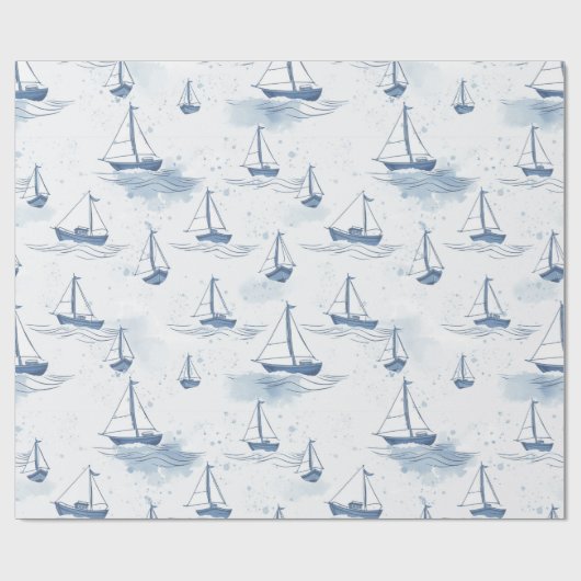 Serene Blauwe Witte Zeilboten op Zee Pattern Cadeaupapier (Vlak)