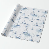 Serene Blauwe Witte Zeilboten op Zee Pattern Cadeaupapier (Uitgerold)