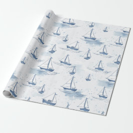 Serene Blauwe Witte Zeilboten op Zee Pattern Cadeaupapier