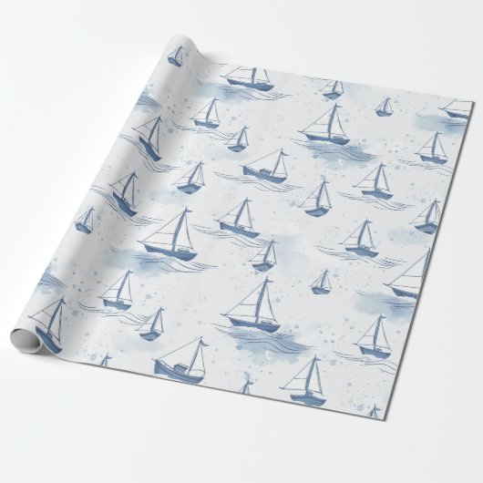 Serene Blauwe Witte Zeilboten op Zee Pattern Cadeaupapier (Uitgerold)