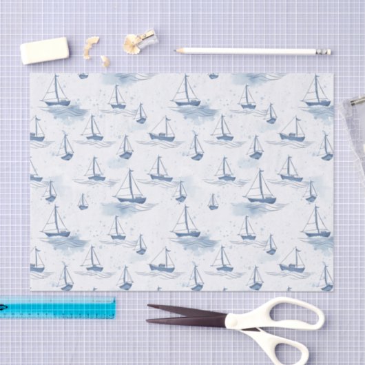 Serene Blauwe Witte Zeilboten op Zee Pattern Tissuepapier (Craft)
