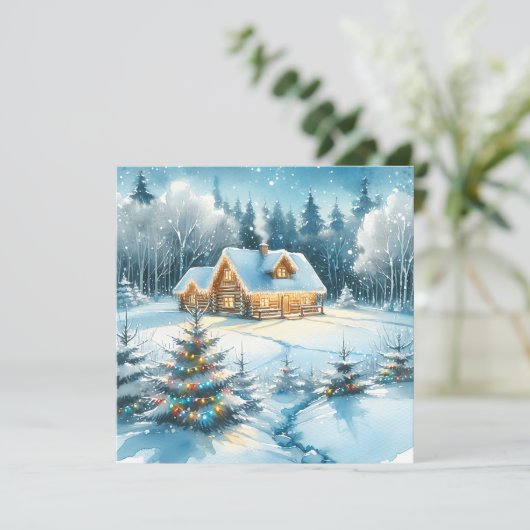 Serene blokhut in een winterbos kaart (Staand voorkant)