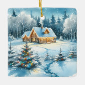 Serene blokhut in een winterbos keramisch ornament (Voorkant)