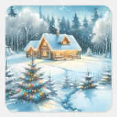 Serene blokhut in een winterbos vierkante sticker (Voorkant)