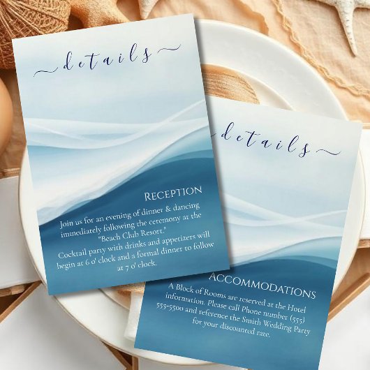 Serene Blue Abstract Beach Wedding Details Informatiekaartje