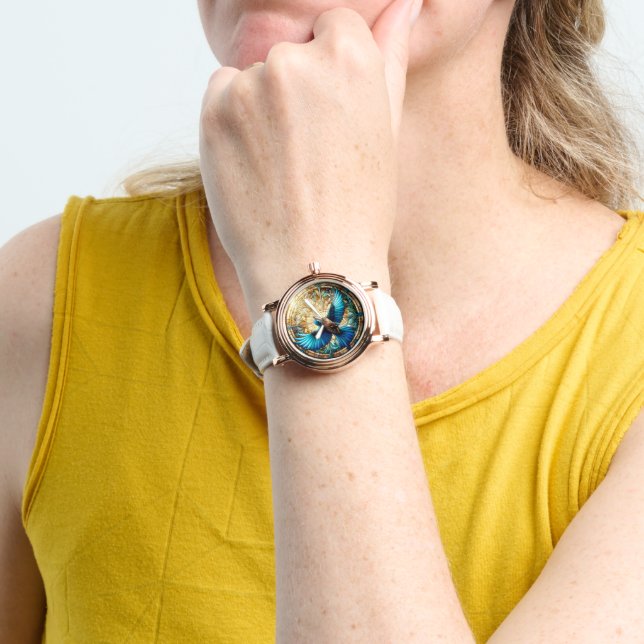 Serene Blue Bird Perched op Glas in lood Horloge (Pols)