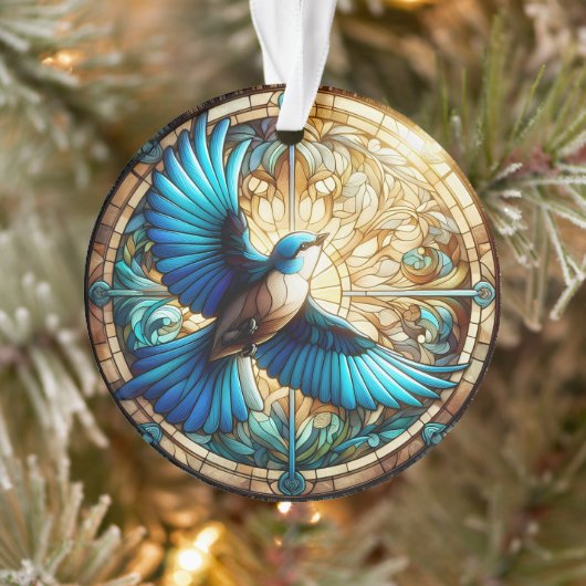Serene Blue Bird Perched op Glas in lood Ornament (Boom)