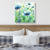 Serene Blue Blossoms - Waterverf Bloemen Canvas Afdruk (Insitu (Slaapkamer))