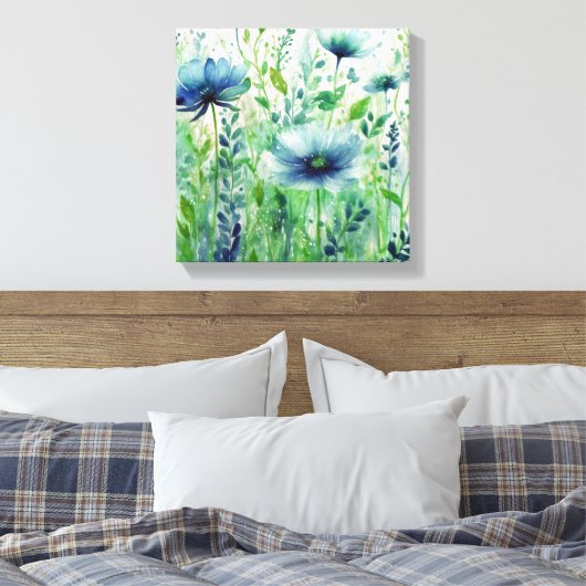 Serene Blue Blossoms - Waterverf Bloemen Canvas Afdruk (Insitu (Slaapkamer))