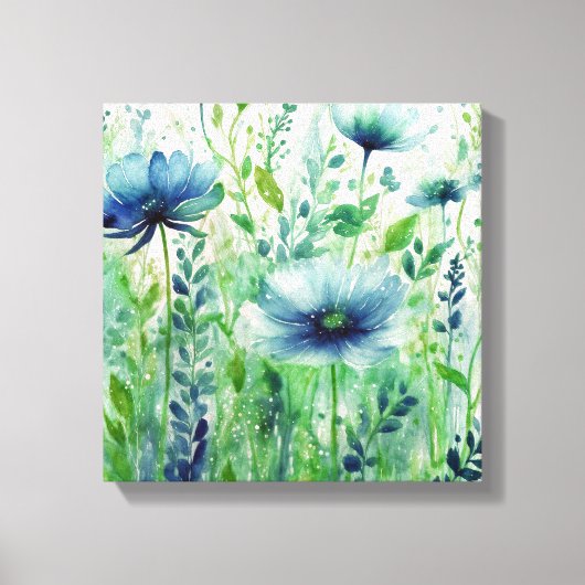 Serene Blue Blossoms - Waterverf Bloemen Canvas Afdruk (Voorkant)