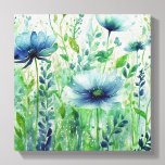 Serene Blue Blossoms - Waterverf Bloemen Canvas Afdruk<br><div class="desc">Voeg een vleugje sereniteit en natuurlijke schoonheid toe aan uw ruimte met deze prachtige uitgestrekte canvasprint. Met een delicaat waterverf schilderij toont dit kunstwerk een paar opvallende blauwe bloemen in volle bloei. De zachte, doorschijnende bloemblaadjes van de bloemen zijn omgeven door weelderig groen gebladerte en kleinere botanische elementen, waardoor een...</div>