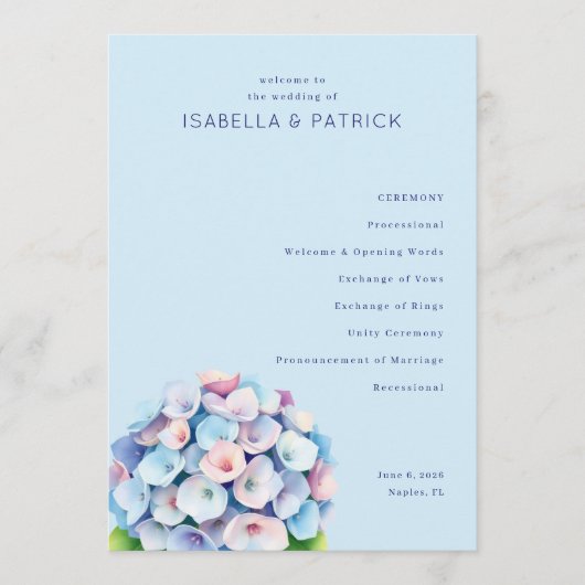 Serene Blue Floral Wedding Ceremony Programmakaart (Voorkant)