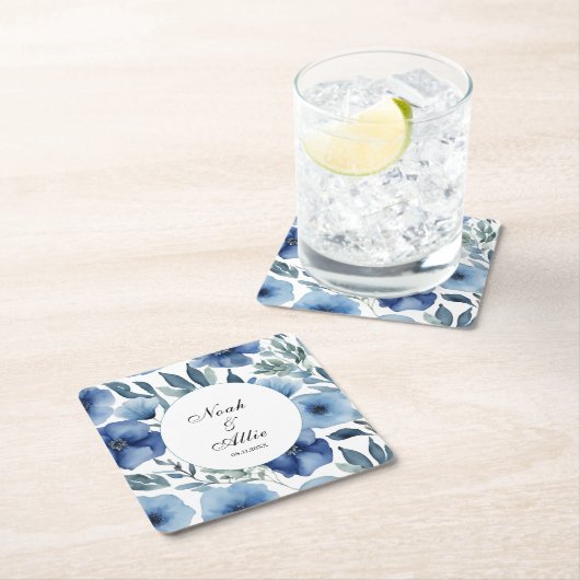 Serene Blue Floral Wedding Kartonnen Onderzetters (Insitu)