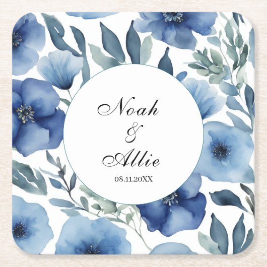 Serene Blue Floral Wedding Kartonnen Onderzetters (Voorkant)