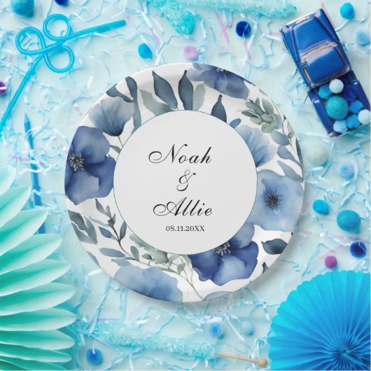 Serene Blue Floral Wedding Papieren Bordje (Feest)