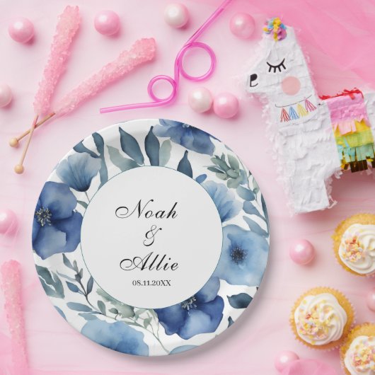 Serene Blue Floral Wedding Papieren Bordje (Feest)