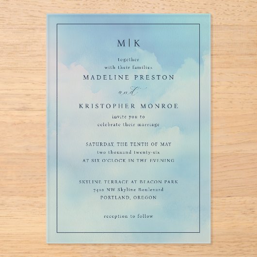 Serene Blue Gradient Wedding Invitation Acryl Uitnodigingen (Voorkant)