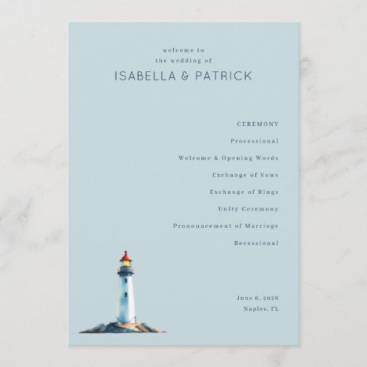 Serene Blue Lighthouse Wedding Ceremony Programmakaart (Voorkant)