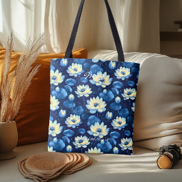 Serene Blue Lotus Floral Wellness Canvas tas
