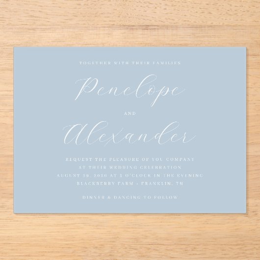 Serene Blue Minimalist Wedding Invitation Acryl Uitnodigingen (Voorkant)