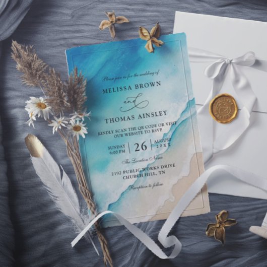 Serene Blue Ocean Beach Budget QR Code Wedding Kaart