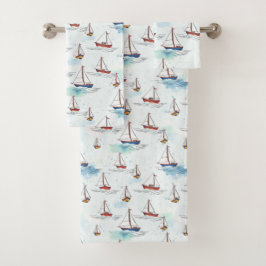 Serene Blue Red Sailing Boats op Zee Pattern Bad Handdoek