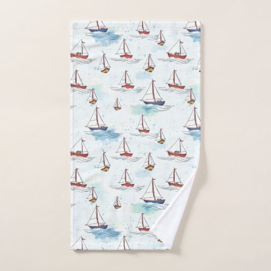 Serene Blue Red Sailing Boats op Zee Pattern Bad Handdoek (Handdoek)