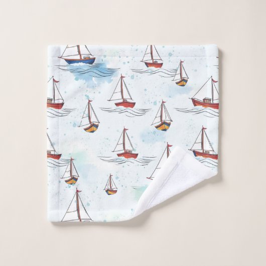 Serene Blue Red Sailing Boats op Zee Pattern Bad Handdoek (Wasdoekje)