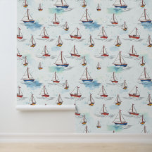 Serene Blue Red Sailing Boats op Zee Pattern