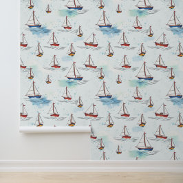 Serene Blue Red Sailing Boats op Zee Pattern Behang