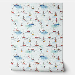 Serene Blue Red Sailing Boats op Zee Pattern Behang