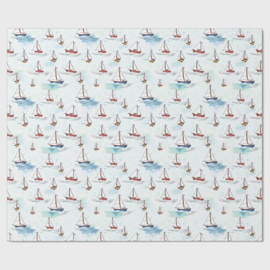 Serene Blue Red Sailing Boats op Zee Pattern Cadeaupapier (Vlak)