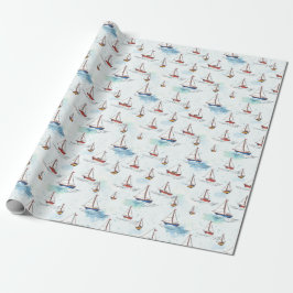 Serene Blue Red Sailing Boats op Zee Pattern Cadeaupapier